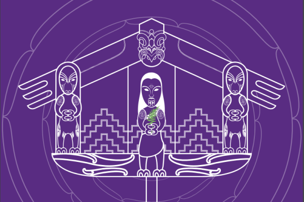 Purple background with white graphics. Graphics show the front of a marae wharenui with carved posts on each side and one at the point of the roof, and a woman standing in front holding a green fern. 
