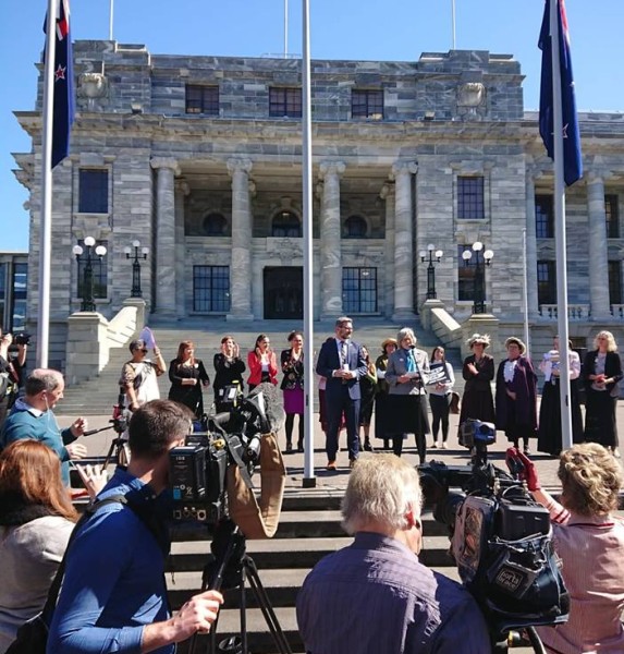 Ministers Lees-Galloway and Sage address a crowd in front of Parliament Steps in Wellington to announce the Equal Pay Bill