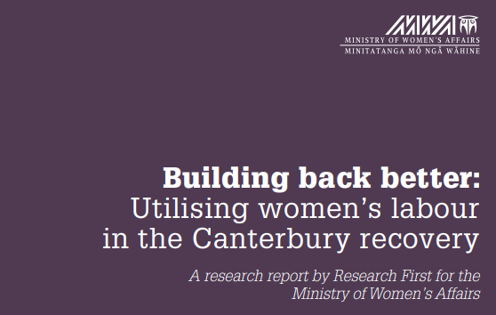 Purple report cover - building back better, utilising women's labour in the Canterbury recovery