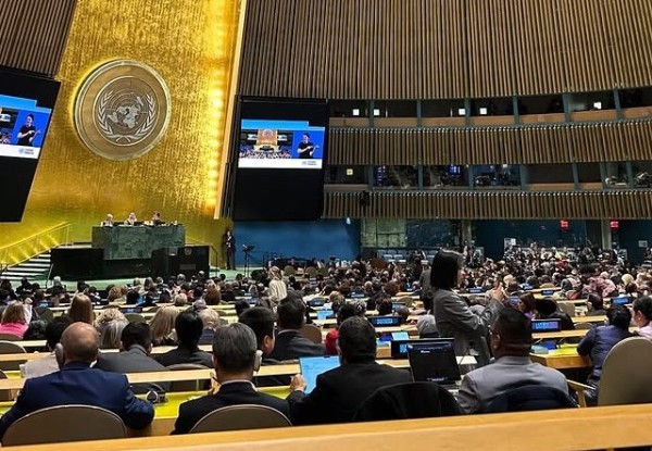 People sit in rows facing a lectern and screens in a large room. The logo on the wall is a world in olive branches symbolizing the United Nations