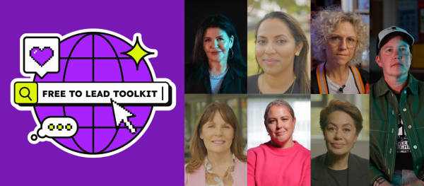 Purple background with a logo in the centre saying "Free to Lead Toolkit". The logo is a globe with pixelated emojis. In the centre there is white text saying "Launching a new toolkit!".